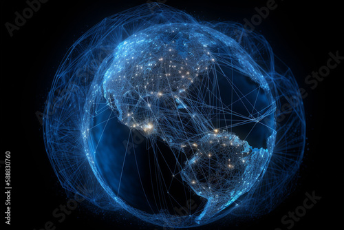 Planet Earth entangled in the Internet and satellite communications. generative AI