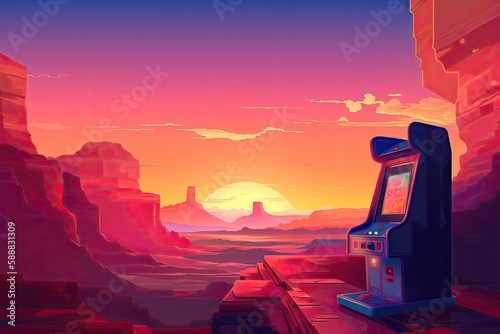 Landscape with arcade machine, mountains and sunset in the background, retro video game, 80's. Generative AI photo