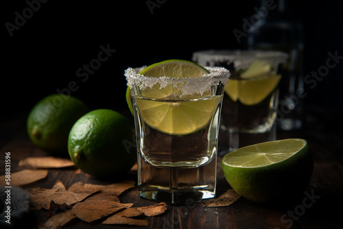 Tequila com fatias de sal e limão