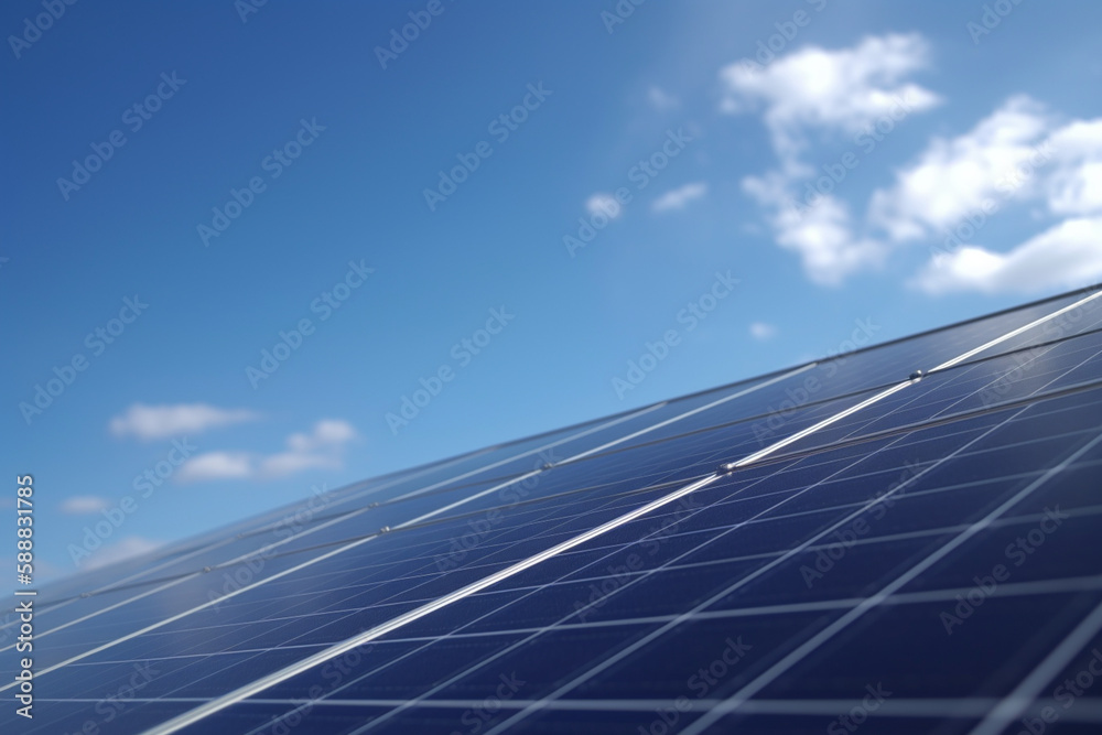 Solar panels on a house roof under blue sky and fluffy clouds Solar panels on a house roof under blue sky and fluffy clouds