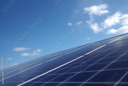 Solar panels on a house roof under blue sky and fluffy clouds