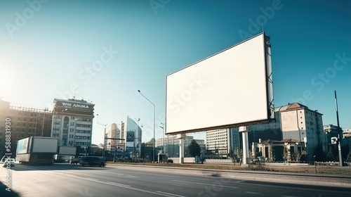 Cityscape Blank White Billboard Mockup with Blue Sky Background: Ideal for Eye-catching Advertising Campaigns, AI generated.