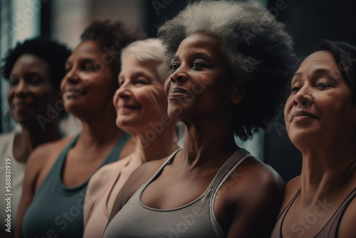 Group of women of different ages doing fitness.  generative AI