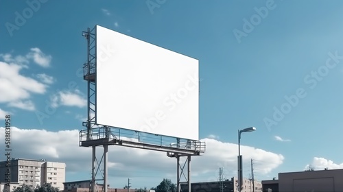 Cityscape Blank White Billboard Mockup with Blue Sky Background: Ideal for Eye-catching Advertising Campaigns, AI generated.