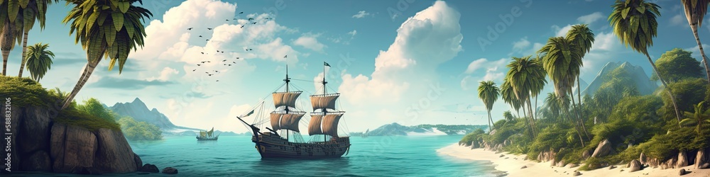 Landscape with pirate ship on an island, sea and sky. Generative AI Landscape with pirate ship on an island, sea and sky. Generative AI