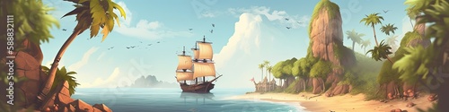 Landscape with pirate ship on an island, sea and sky. Generative AI