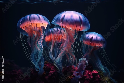 Landscape with jellyfish under the sea, marine life concept. Generative AI © Deivison