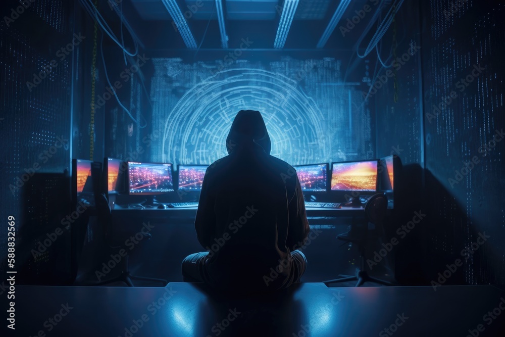 Man from the back in a computer and server room, hacker and data security concept. Generative AI Man from the back in a computer and server room, hacker and data security concept. Generative AI