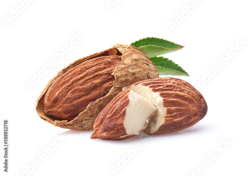 Almonds kernel in closeup with leaves