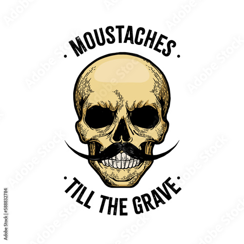 Human skull with moustaches till grave t-shirt design sketch engraving vector illustration. T-shirt apparel print design. Scratch board style imitation. Black and white hand drawn image.
