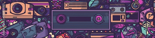 Background full of various old electronics from the 80s and 90s, retro. Generative AI