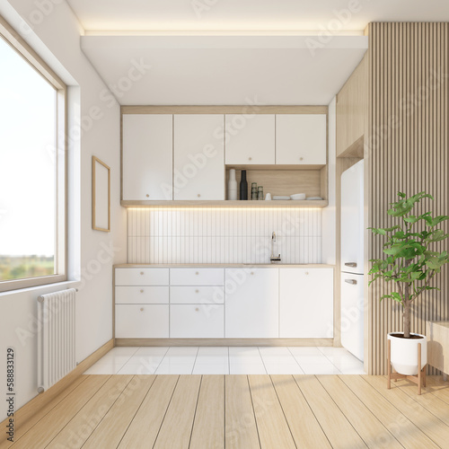 Modern japan style kitchen room decorated with minimalist cabinet, white wall and wood slat wall. 3d rendering