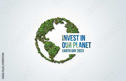 Earth day concept - Invest in our planet. 3d eco friendly design. Earth map shapes with trees water and shadow. Save the Earth concept. Happy Earth Day, 22 April.