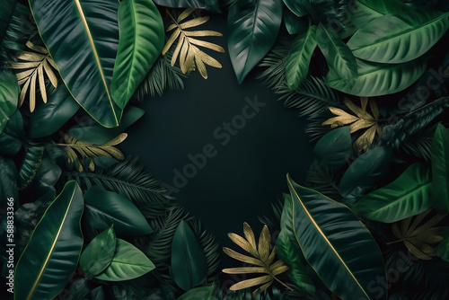 Quadro elegante tropical organizado a partir de folhas exóticas de esmeralda