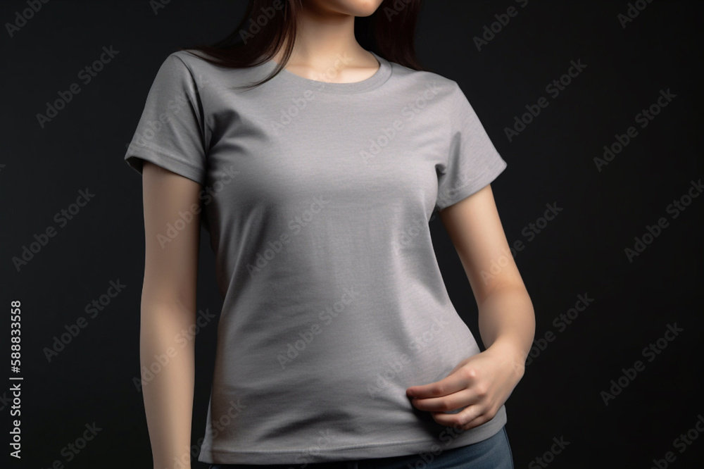 Generative AI. Grey T-Shirt Mockup on Female Model Generative AI. Grey T-Shirt Mockup on Female Model