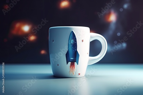 White mug illustration with rocket. Generative AI