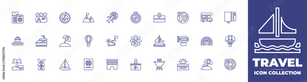 Travel line icon collection. Editable stroke. Vector illustration. Containing passport, driver license, around the world, hiking, international, compass, road, worldwide, caravan, notebook, and more.