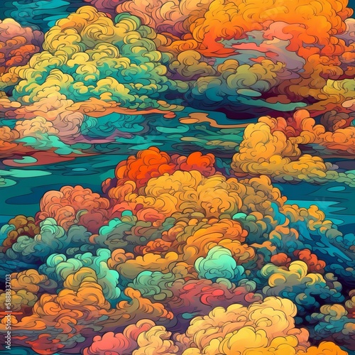 Seamless pattern of magnificent and realistic calming clouds, in beautiful colors that are welcoming, sunny, and bright. AI generation