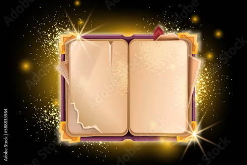 Magic book, vector fantasy game UI parchment background, shiny wizard old grimoire spell spark paper. Medieval vintage dictionary witch fairytale notebook, ancient witchcraft clipart. Fairy magic book