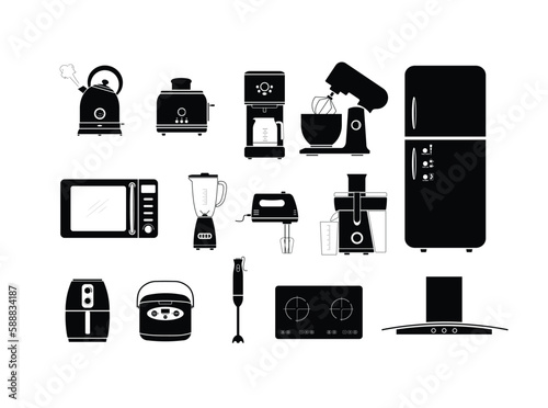 Kitchen appliance set silhouette flat vector. Set of 14 kitchen electric utensil icons on white background for web. Kitchen concept. Kitchen gadgets.