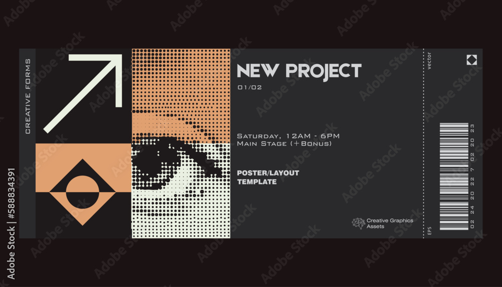 Modern exhibition ticket template layout made with abstract vector geometric shapes. Brutalism inspired graphics. Great for branding presentation, poster, cover, art, tickets, prints, etc. - obrazy, fototapety, plakaty 