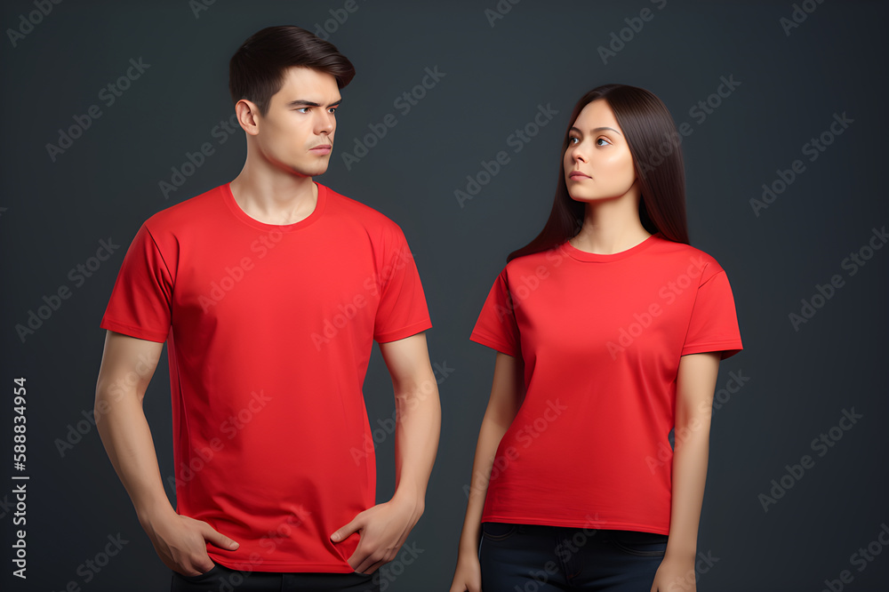 Generative AI. Blank Red T-Shirt Mockup on Male and Female Model: Showcase Your Designs in Style Generative AI. Blank Red T-Shirt Mockup on Male and Female Model: Showcase Your Designs in Style