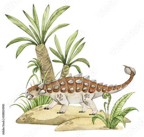 Watercolor dinosaur illustration with prehistoric landscape. Hand drawn Ankylosaurus on the rocks with palm trees. Detailed dino clipart for kids products. Children Encyclopedia of ancient animals