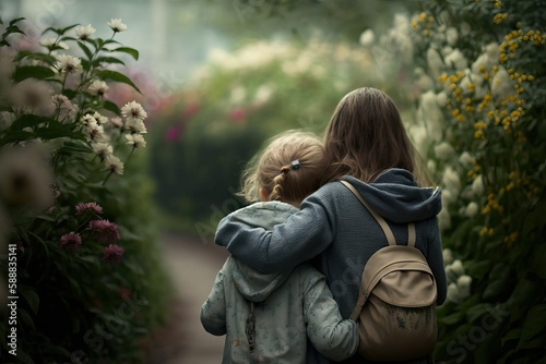 Mother and child embracing at flower garden (Ai generated)