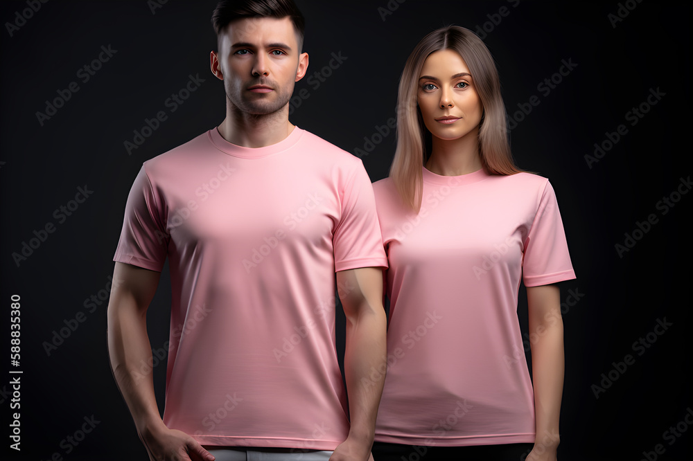 Fototapeta premium Generative AI. Blank Pink T-Shirt Mockup on Male and Female Model: Showcase Your Designs in Style