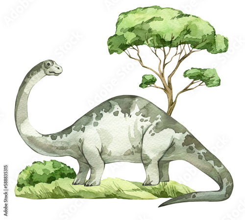 Watercolor dinosaur illustration with prehistoric landscape. Hand drawn Brontosaurus with trees and bushes. Detailed dino clipart for kids products. Children Encyclopedia of ancient animals. PNG file