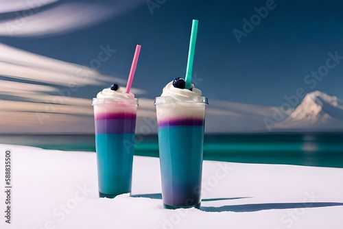 Two Colorful Milk Teas with Pink/Purple Straws