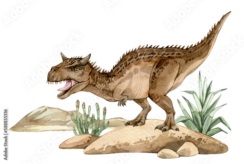 Watercolor dinosaur illustration with prehistoric landscape. Hand drawn Carnotaurus on the rocks with grass. Detailed dino clipart for kids products. Children Encyclopedia of ancient animals. PNG file