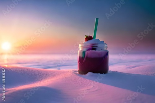 "Whimsical Winter Warmth Sipping Tea through Pink and Purple Straws Amidst a Snowy Wonderland"