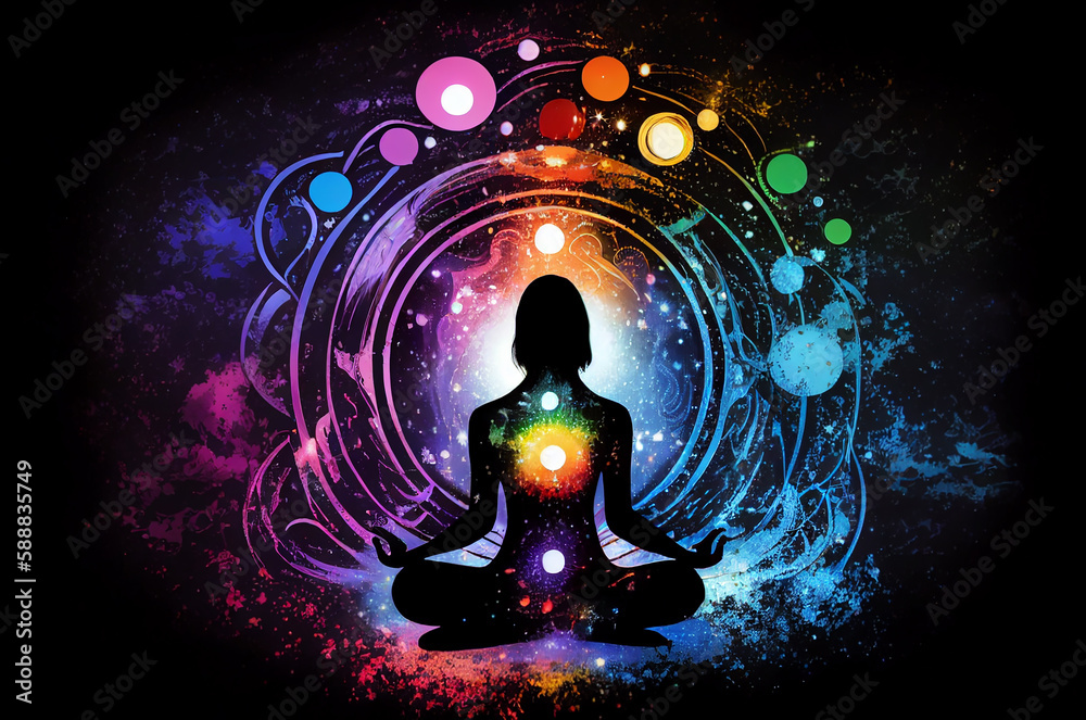 Abstract of silhouette person meditation enlightenment with seven chakras universe background, mindful and spiritual concept, Generative Ai Abstract of silhouette person meditation enlightenment with seven chakras universe background, mindful and spiritual concept, Generative Ai