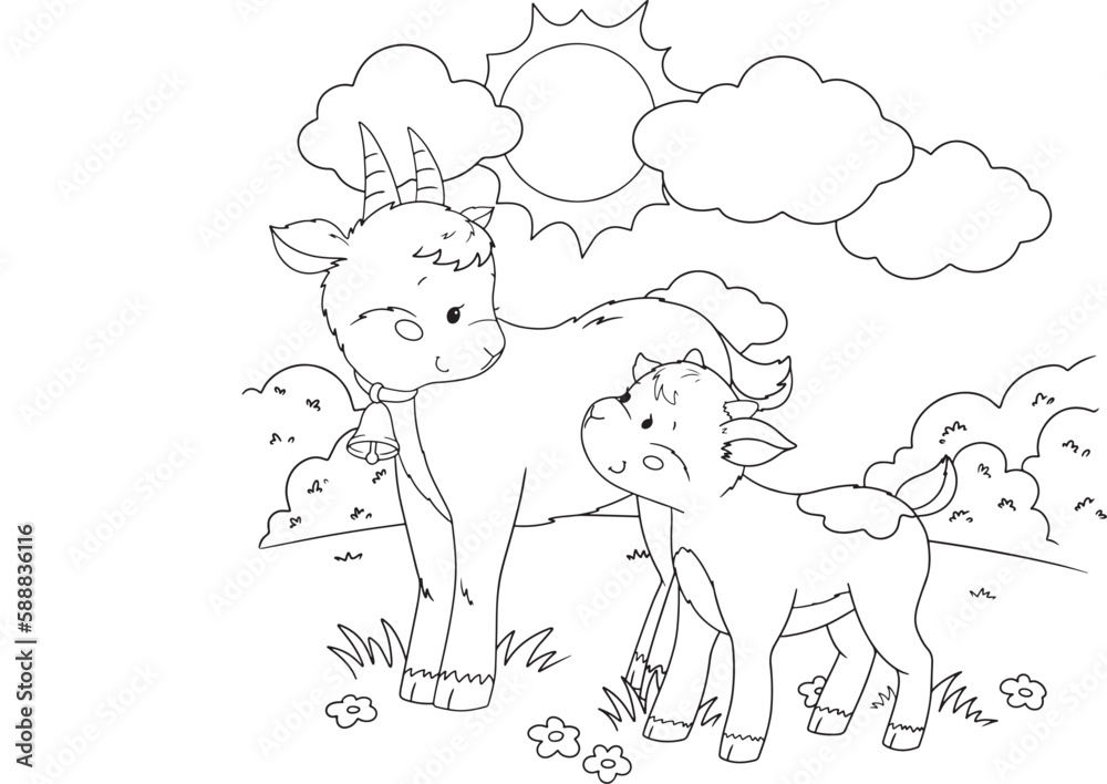 coloring page with goat mama with baby in the nature coloring page with goat mama with baby in the nature