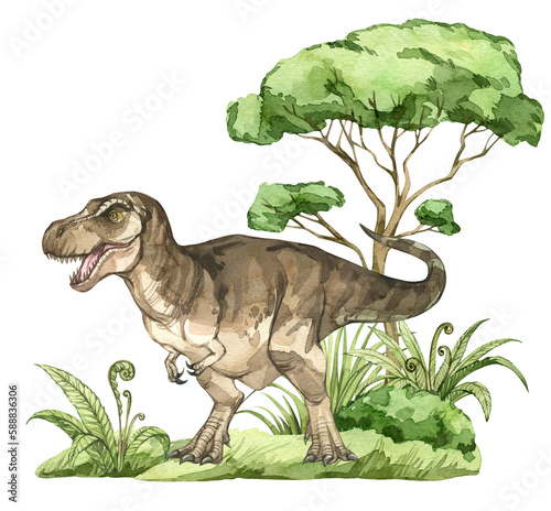 Watercolor dinosaur illustration with prehistoric landscape. Hand drawn Tyrannosaurus rex with trees and bushes. Detailed dino clipart for kids products. Children Encyclopedia of ancient animals. PNG