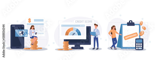 Credit approval illustration set. Characters with good credit score receiving loan approval from bank. Personal finance concept. Vector illustration.