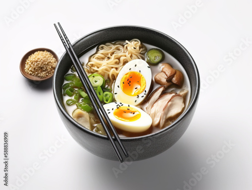 Ramen soup with noodles, leek, nori, shiitake mushroom, soft egg and chashu chicken on white background. Chopsticks holding egg.