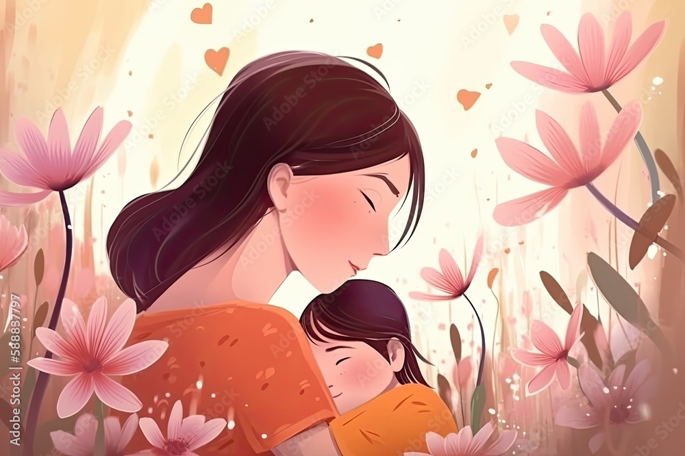 Illustration of mother with her little child, flower in the background. Concept of mothers day, mothers love, relationships between mother and child - Generative AI Illustration of mother with her little child, flower in the background. Concept of mothers day, mothers love, relationships between mother and child - Generative AI