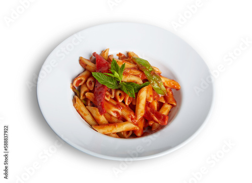Penne Arrabbiata Pasta With Tomato Sauce on White Plate Isolated White Background