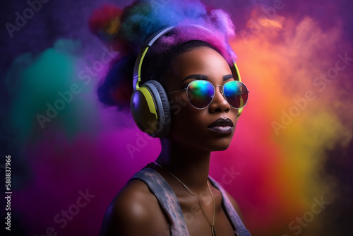 Jovem negra africana dj no sutiã e óculos de sol tocando música. Fones de ouvido. Fumaça colorida no fundo