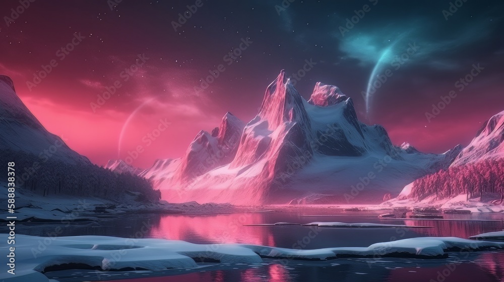 Purple aurora in white snow mountain Generative AI