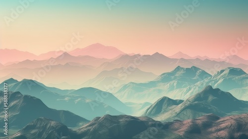 Beautiful colorful sunset over the snowy mountain range and pine tree forest. Nature landscape. Generative ai