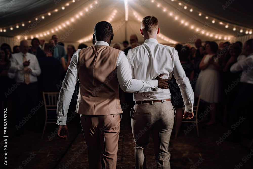 Couple of men hugging at their wedding. Back view. Generative AI Couple of men hugging at their wedding. Back view. Generative AI