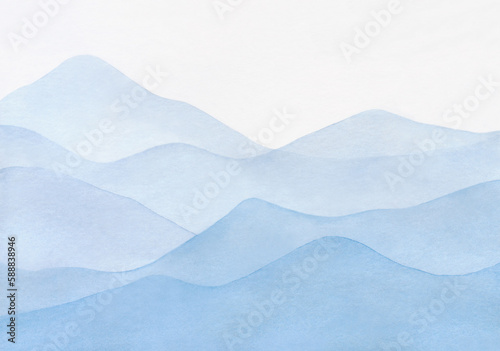 Abstract, textural, blue, watercolor background with a landscape of high, tiered mountains. Hand drawn with space for text. For poster, design and decoration.