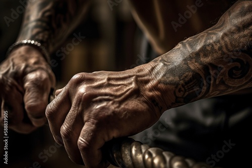 Tattooed Hands Holding Kettlebell Weights: Fitness and Strength Training, Generative AI © Digital Dreamscape