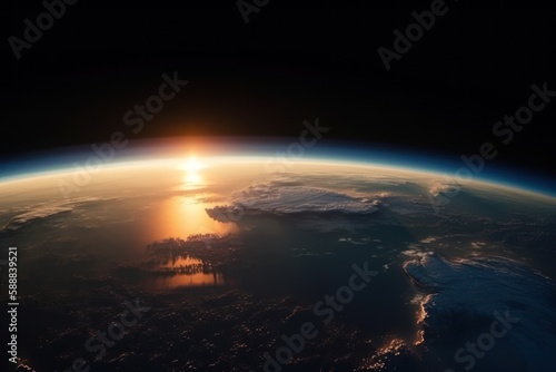 Curvature of planet Earth. Aerial view of blue planet from space. Sunrise over globe land and ocean. Generative AI