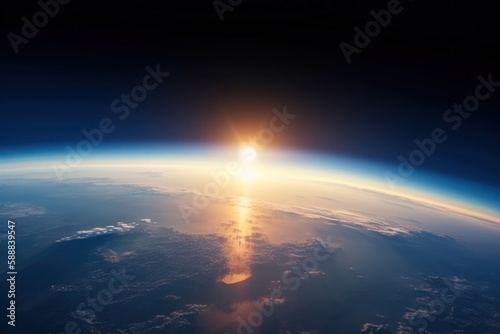 Curvature of planet Earth. Aerial view of blue planet from space. Sunrise over globe land and ocean. Generative AI