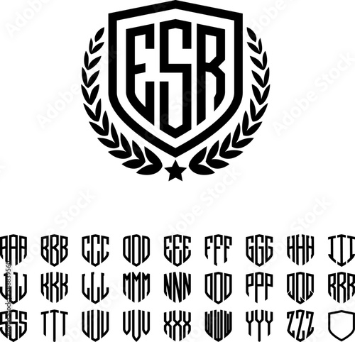 Shield Heraldic Wreath with 3 Letters Alphabet Font For Logotype, logos, embroidery, necklaces