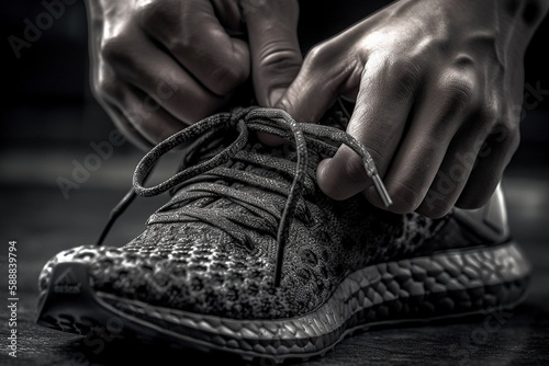 Extreme Close-Up of Hands Tying Athletic Shoes for Workout. photo
